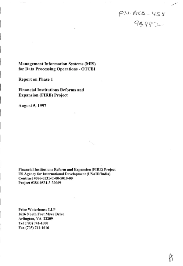 Management information systems (MIS) for data processing operations : OTCEI [Over the Counter Exchange of India] -- report on phase 1