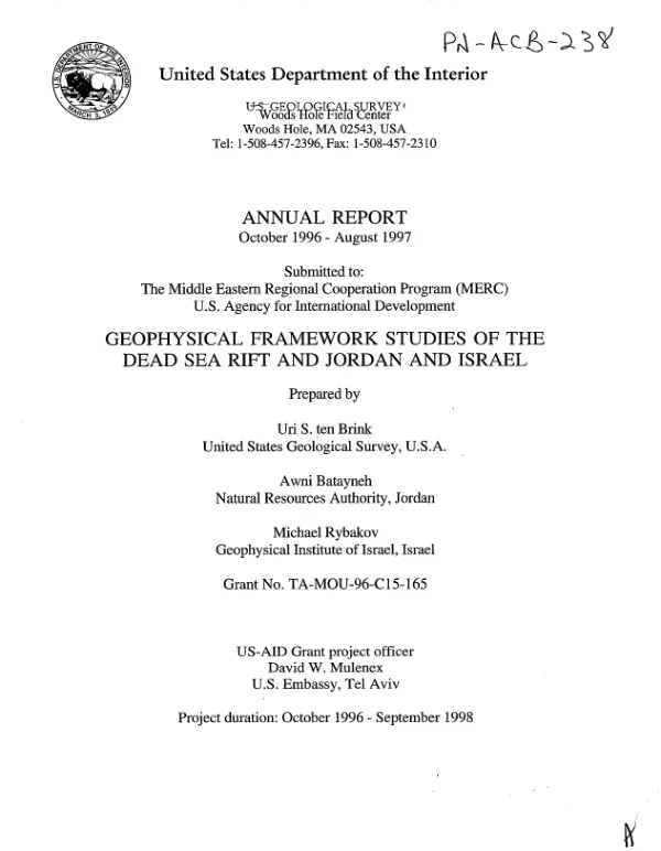 Annual report -- October 1996-August 1997 : geophysical framework studies of the Dead Sea rift and Jordan and Israel