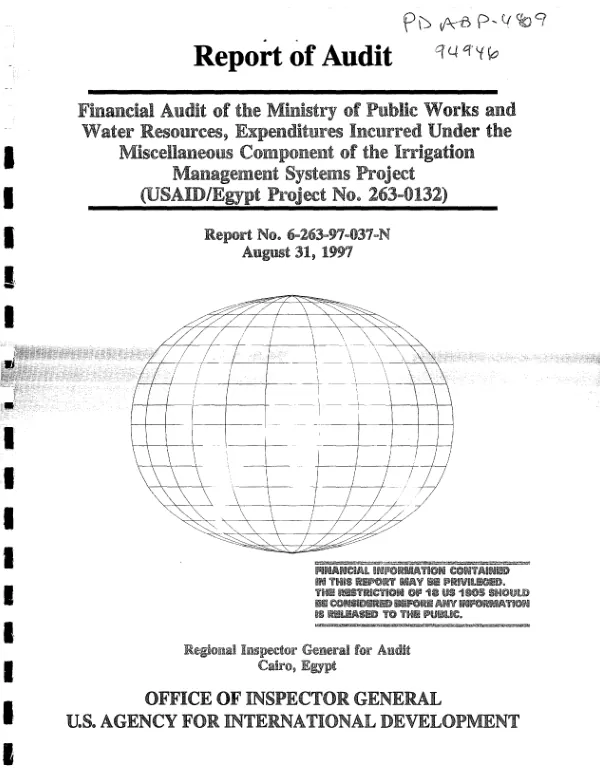 Financial audit of Ministry of Public Works and Water Resources, expenditures incurred under the miscellaneous component of the irrigation management systems project (USAID/Egypt project no. 263-0132)