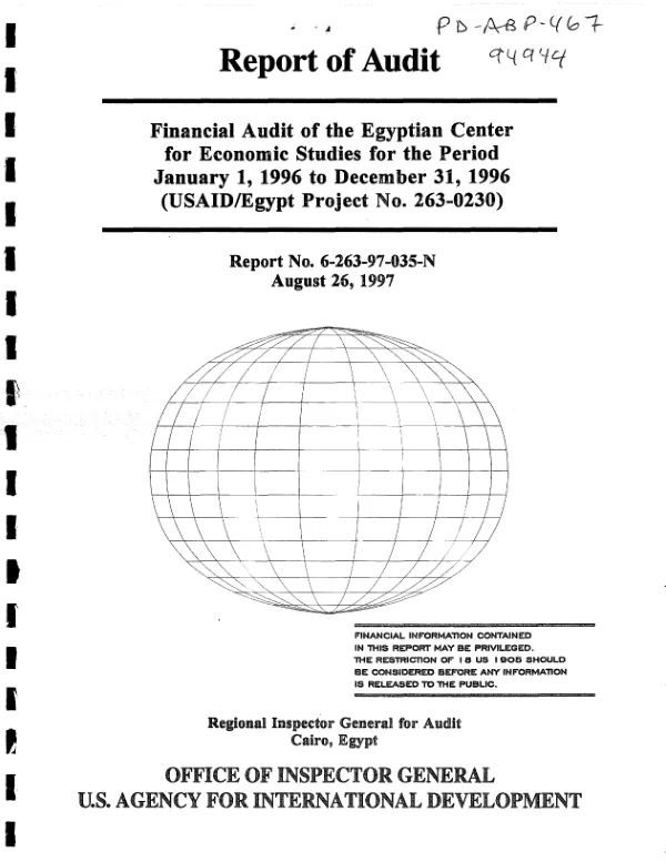 Financial audit of the Egyptian Center for Economic Studies for the period January 1, 1996 to December 31, 1996 (USAID/Egypt project no. 263-0230)