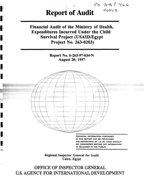 Financial audit of the Ministry of Health, expenditures incurred under the child survival project (USAID/Egypt project no. 263-0203)