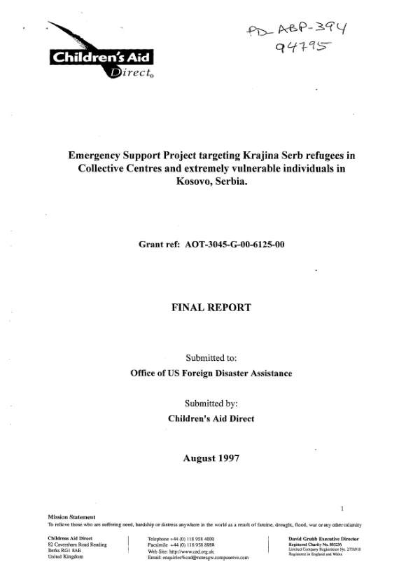 Emergency support project targeting Krajina Serb refugees in collective centres and extremely vulnerable individuals in Kosovo, Serbia