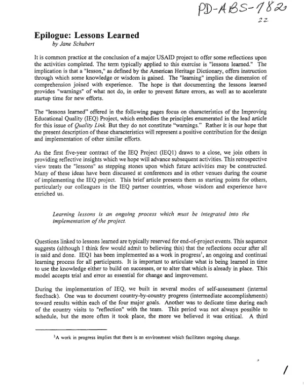 Epilogue : lessons learned [IEQ project]