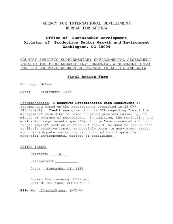 Supplementary environmental assessment [SEA] for potential USAID assistance to locust/grasshopper control operations in Malawi