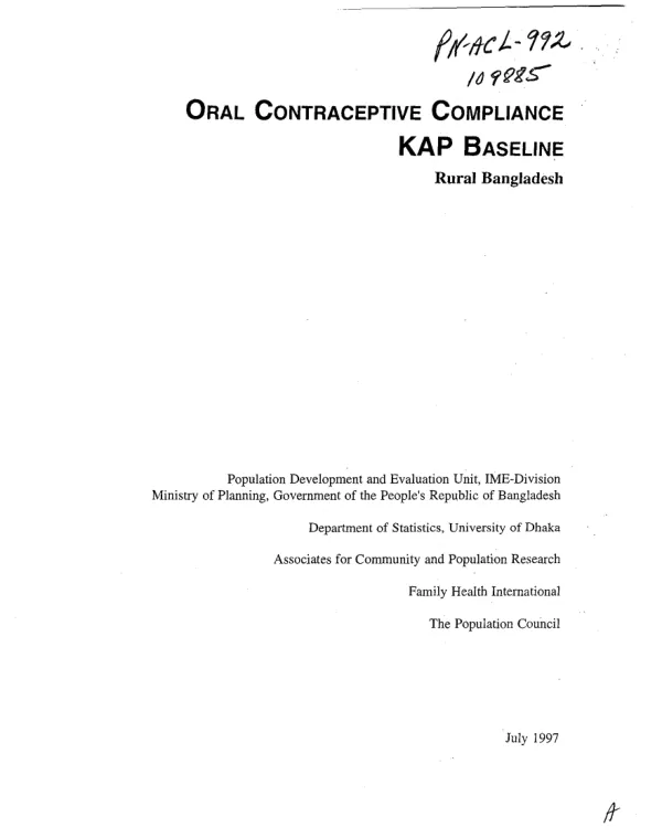 Oral contraceptive compliance KAP baseline, rural Bangladesh