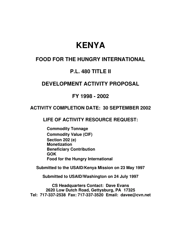 Kenya : Food for the Hungry International -- PL 480 Title II : development activity proposal [DAP], FY 1998-2002