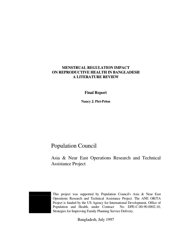Menstrual regulation impact on reproductive health in Bangladesh : a literature review -- final report