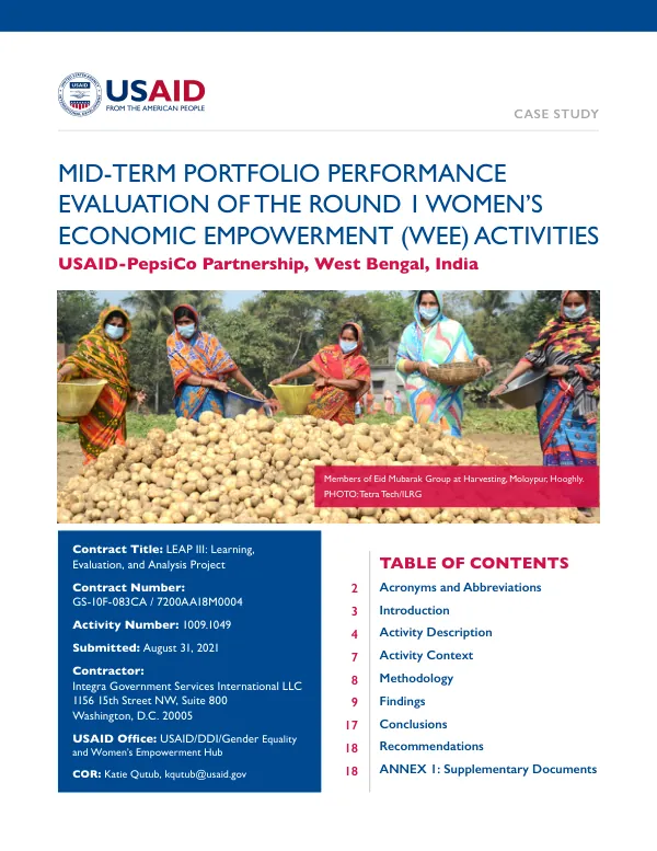 Case study : mid-term portfolio performance evaluation of the round 1 women"s economic empowerment (WEE) activities: USAID-PepsiCo partnership, West Bengal, India