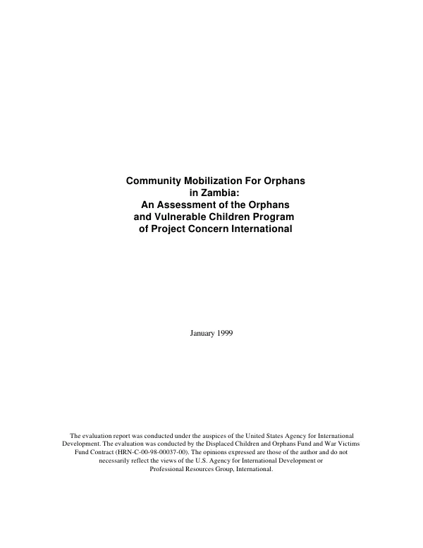 Community mobilization for orphans in Zambia : an assessment of the orphans and vulnerable children program of Project Concern International