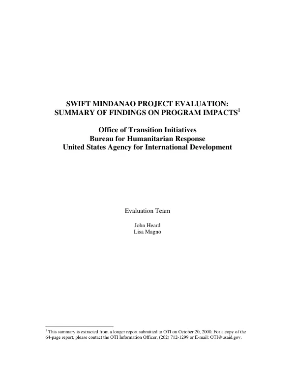 SWIFT (support with implementing fast transition) Mindanao project evaluation : summary of findings on program impacts