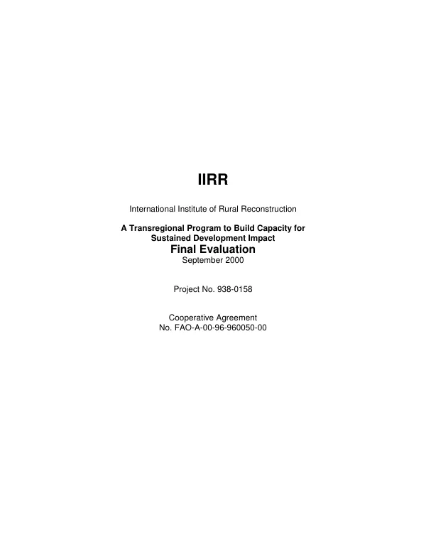 IIRR, International Institute of Rural Reconstruction : a transregional program to build capacity for sustained development impact -- final evaluation : project no. 938-0158 -- cooperative agreement no. FAO-A-00-96-90050-00