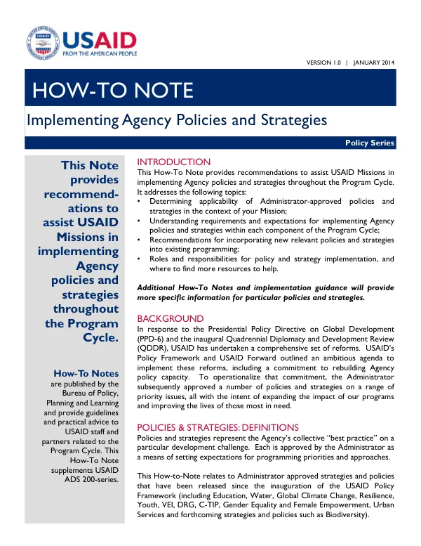Implementing agency policies and strategies
