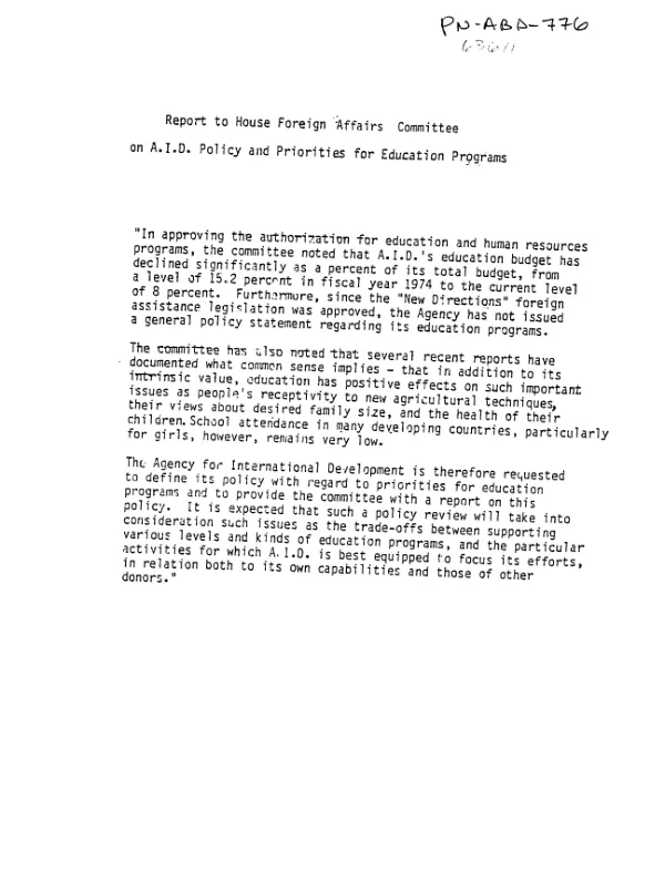 Report to House Foreign Affairs Committee on A.I.D. policy and priorities for education programs