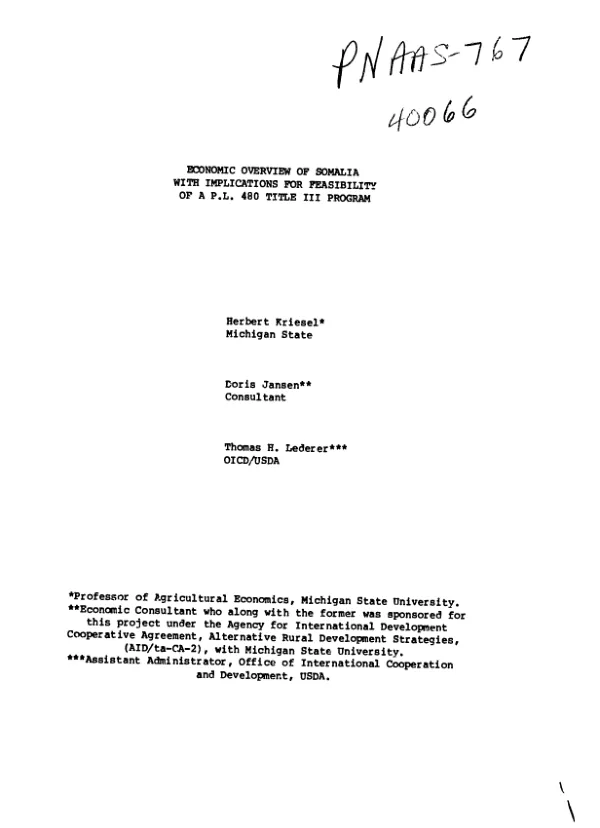 Economic overview of Somalia with implications for feasibility of a PL-480 title III program