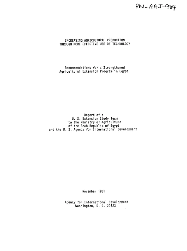 Increasing agricultural production through more effective use of technology : recommendations for a strengthened agricultural extension program in Egypt