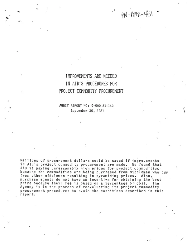IMPROVEMENTS ARE NEEDED IN AID"S PROCEDURES FOR PROJECT COMMODITY PROCUREMENT