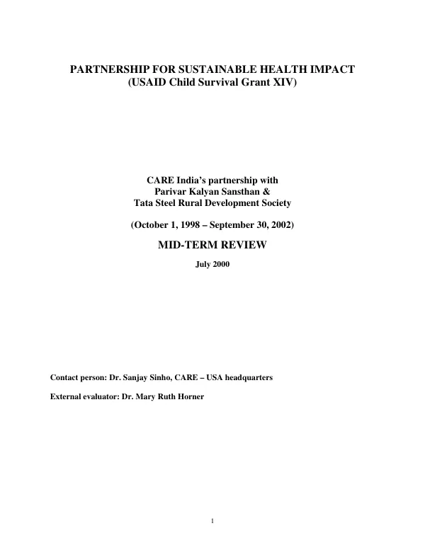 Partnership for sustainable health impact (USAID child survival grant XIV) : CARE India's partnership with Parivar Kalyan Sansthan & Tata Steel Rural Development Society : (October 1, 1998-September 30, 2002) -- mid-term review