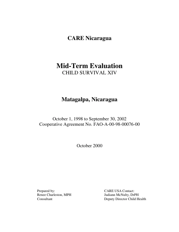 CARE Nicaragua : mid-term evaluation -- child survival XIV : Matagalpa, Nicaragua -- October 1, 1998 to September 30, 2002 : cooperative agreement no. FAO-A-00-98-00076-00