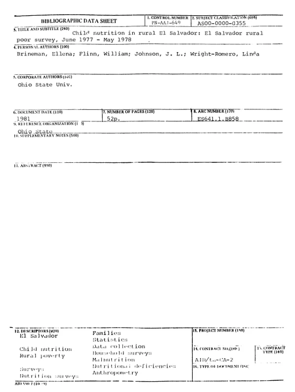 CHILD NUTRITION IN RURAL EL SALVADOR : EL SALVADOR RURAL POOR SURVEY, JUNE 1977-MAY 1978
