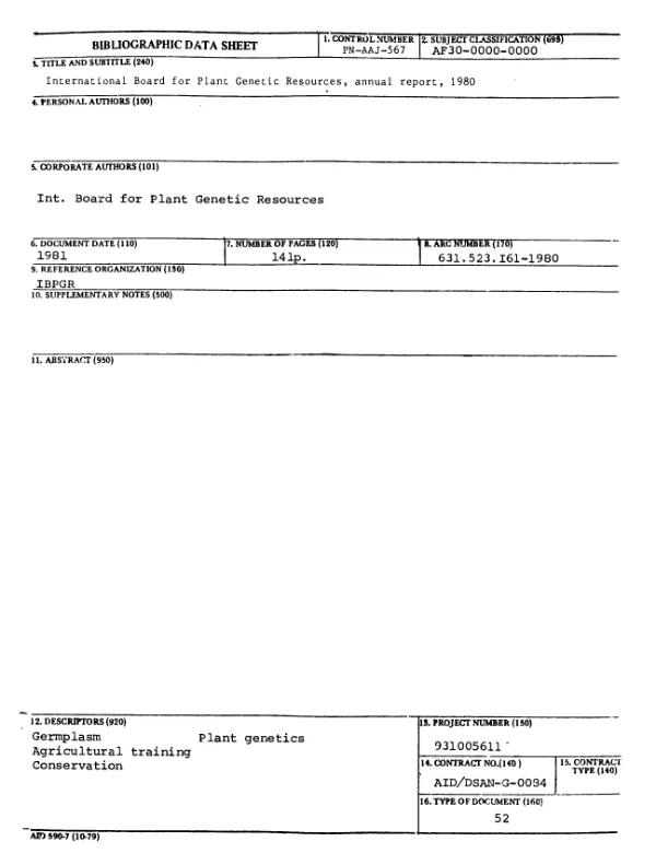 INTERNATIONAL BOARD FOR PLANT GENETIC RESOURCES, ANNUAL REPORT, 1980