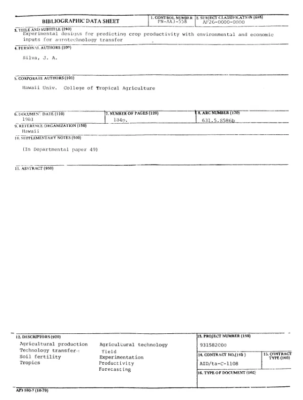 EXPERIMENTAL DESIGNS FOR PREDICTING CROP PRODUCTIVITY WITH ENVIRONMENTAL AND ECONOMIC INPUTS FOR AGROTECHNOLOGY TRANSFER