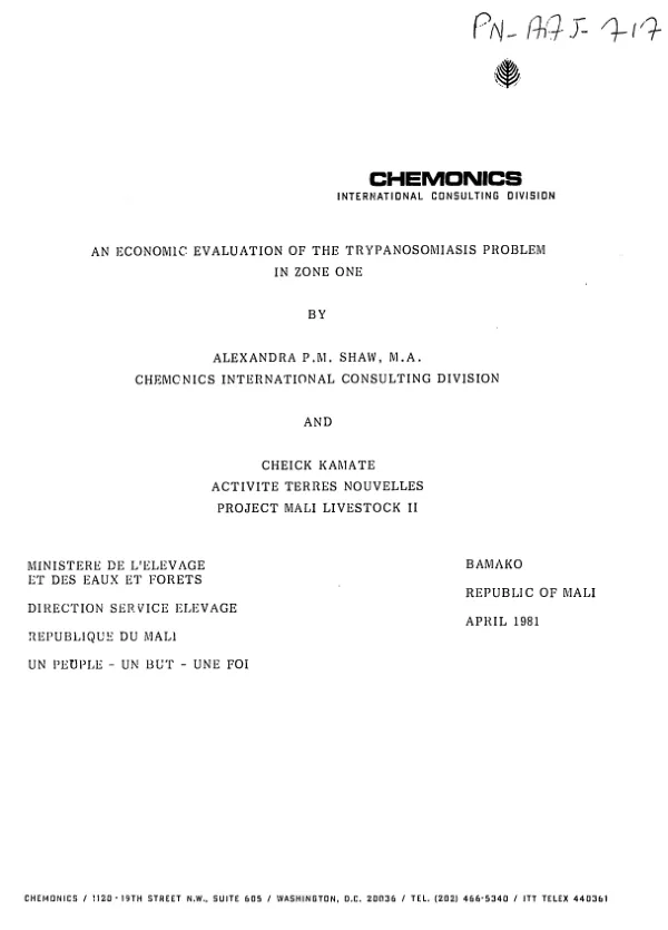 Economic evaluation of the trypanosomiasis problem in Zone One