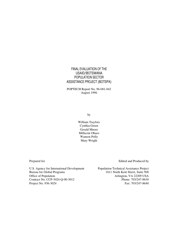Final evaluation of the USAID/Botswana population sector assistance project (BOTSPA)