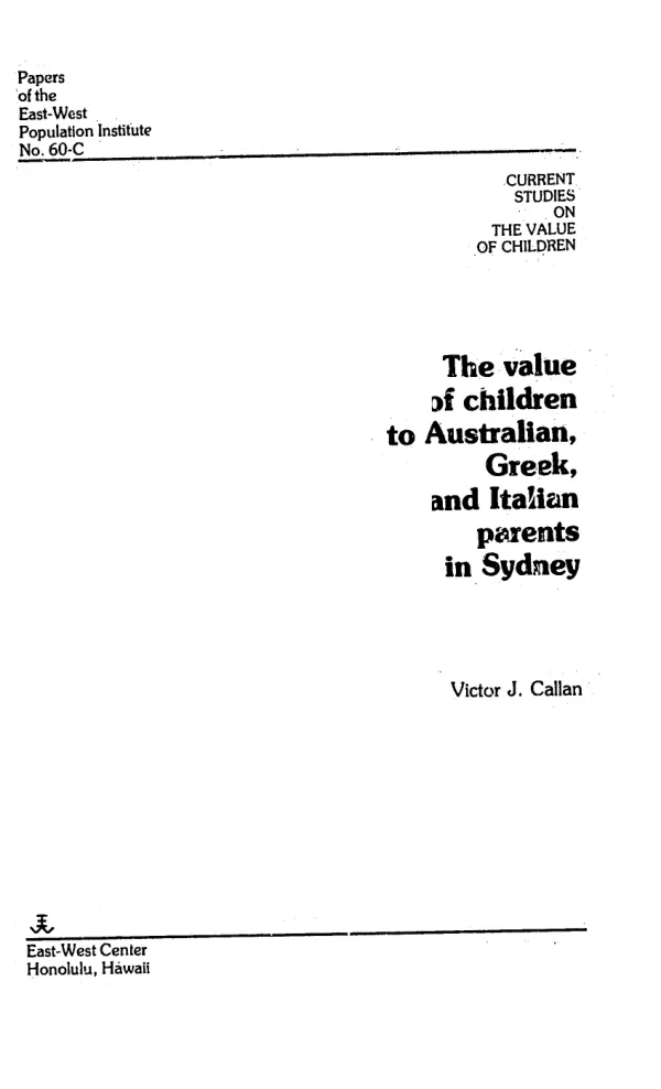 Value of children to Australian, Greek, and Italian parents in Sydney