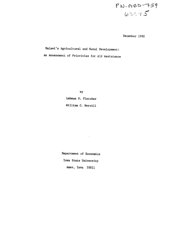 Malawi"s agricultural and rural development : an assessment of priorities for AID assistance