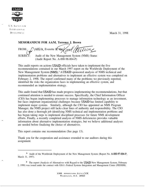 Audit of the new management system (NMS) status
