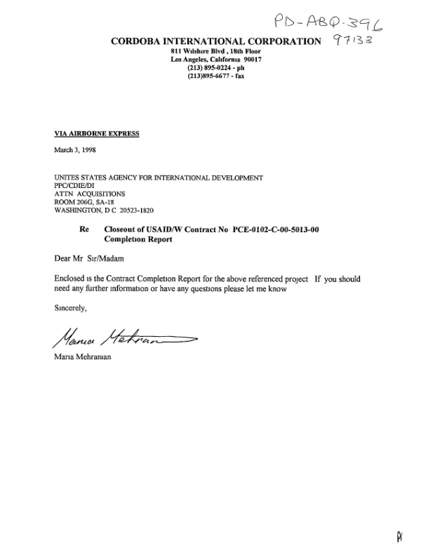 Contract completion report : USAID West Coast outreach -- contract number PCE-0102-C-00-5013-00