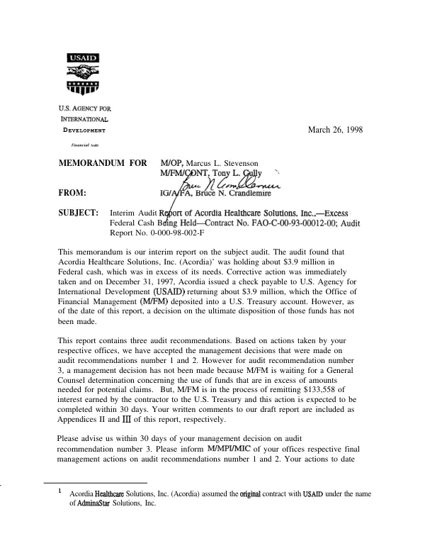 Interim audit report of Acordia Healthcare Solutions, Inc., -- excess federal cash being held -- contract no. FAO-C-00-93-00012-00