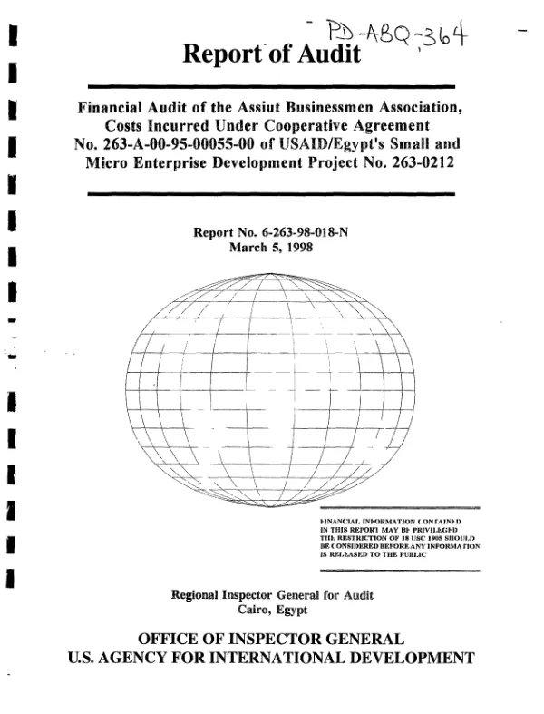 Financial audit of the Assiut Businessmen Association, costs incurred under cooperative agreement no. 263-A-00-95-00055-00 of USAID/Egypt"s small and micro enterprise development project no. 263-0212