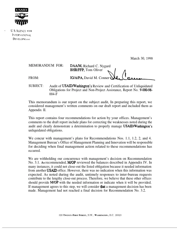 Audit of USAID/Washington"s review and certification of unliquidated obligations for project and non-project assistance