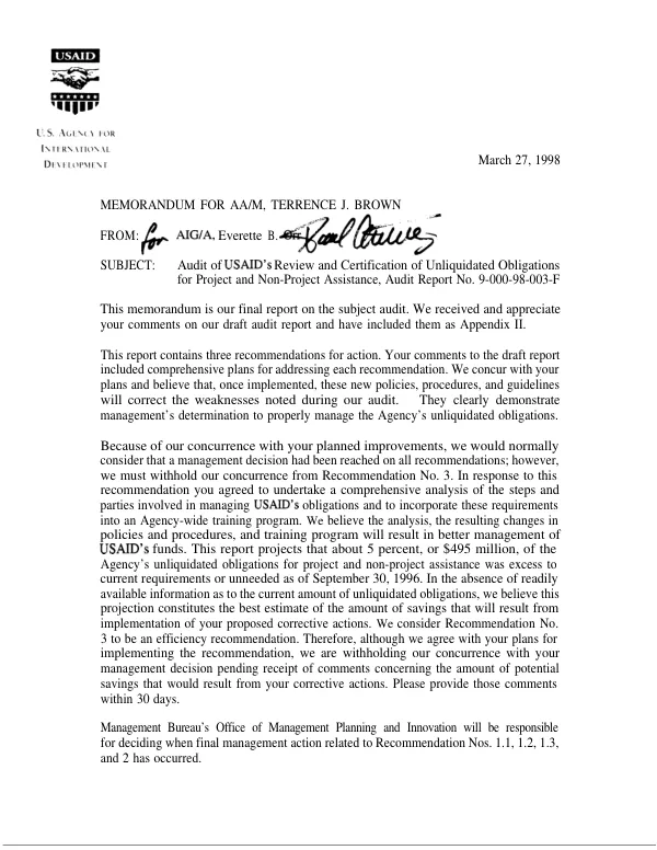 Audit of USAID"s review and certification of unliquidated obligations for project and non-project assistance