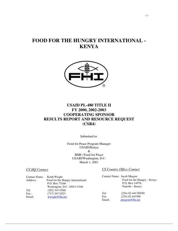 Food for the Hungry International, Kenya : USAID PL 480 Title II, FY 2000, 2002-2003 cooperating sponsor results report and resource request (CSR4)