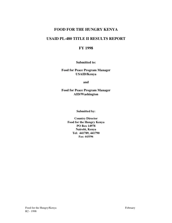 Food for the Hungry Kenya : USAID PL 480 Title II results report, FY 1998