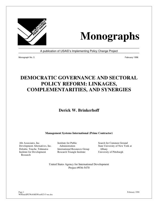 Democratic governance and sectoral policy reform : linkages, complementarities, and synergies