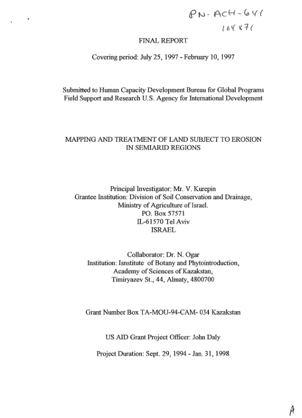 Final report covering period July 25, 1997-February 10, 1997 [i.e. 1998] : mapping and treatment of land subject to erosion in semiarid regions