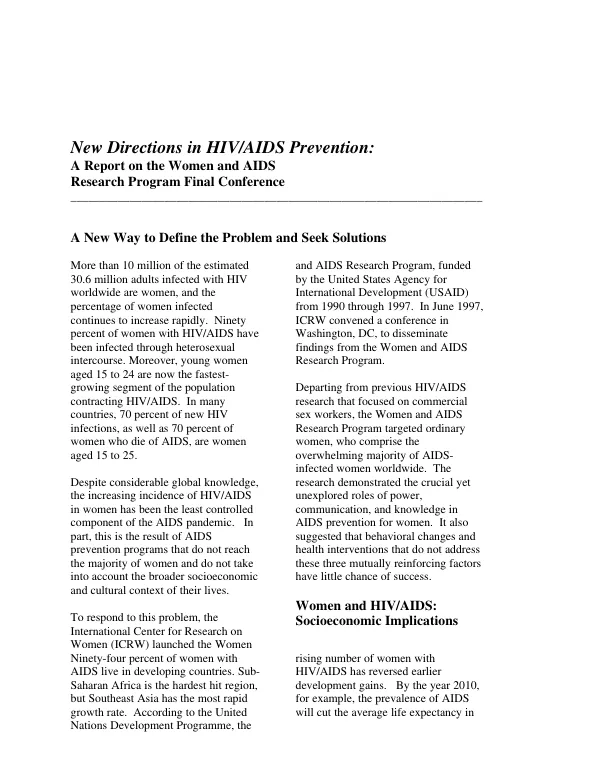 New directions in HIV/AIDS prevention : a report on the women and AIDS research program final conference