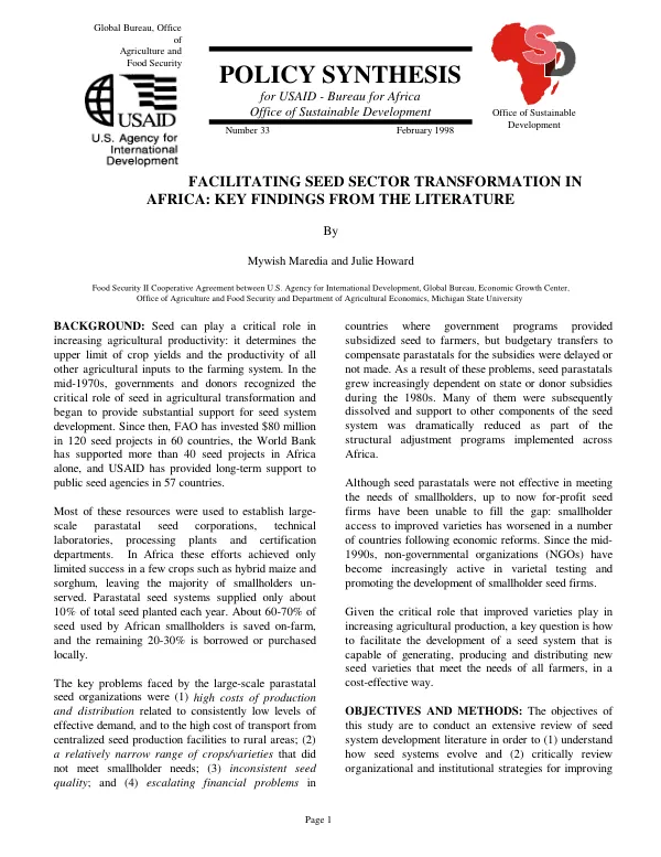 Facilitating seed sector transformation in Africa : key findings from the literature