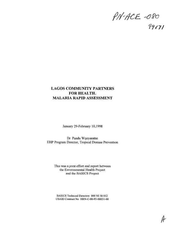 Lagos community partners for health : malaria rapid assessment, January 29-February 10, 1998