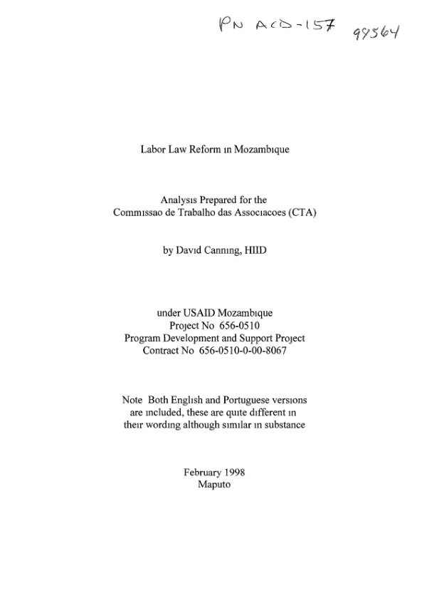 Labor law reform in Mozambique : analysis prepared for the Commissao de Trabalho das Associacoes (CTA) = CTA, Comissas de Trabalho das Associacoes Economicas de Mocambique : a reforma da lei do trabalho