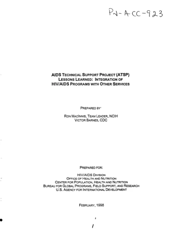 AIDS technical support project (ATSP) lessons learned : integration of HIV/AIDS programs with other services