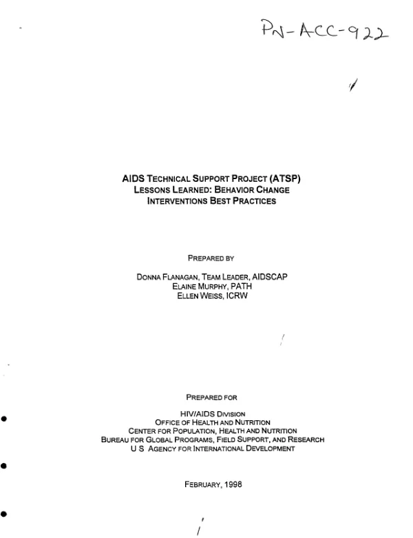 AIDS technical support project (ATSP) lessons learned : behavior change interventions best practices