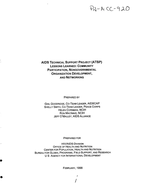 AIDS technical support project (ATSP) lessons learned : community participation, nongovernmental organization development, and networking