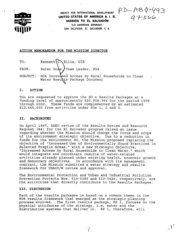 Strategic objective [SO] no. 4 : increased access by rural households to clean water -- results package document