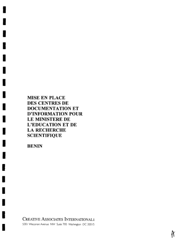 Projet de mise en place des centres de documentation et d"information pour le ministere de l"Education et de la Recherche Scientifique (MENRS) [Benin] : rapport de mission
