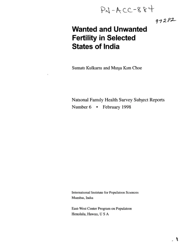 Wanted and unwanted fertility in selected states of India