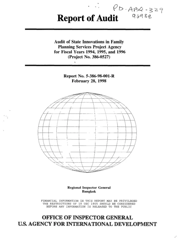 Audit of state innovations in Family Planning Services Project Agency for fiscal years 1994, 1995, and 1996 (project no. 386-0527)